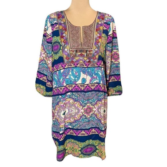 NWT Boho Printed Mini Dress Sz.L Shift Multi Embroidered 70s  Festival - Picture 11 of 11